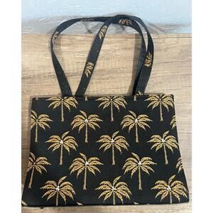 Black and Gold Palm Tree Print Structured Handbag with Top Handles